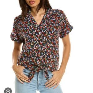 Beach lunch lounge Women's  Floral button up front  tie  Blouse size Midium